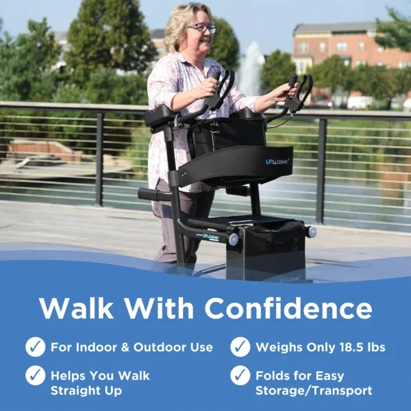 UPWalker Premium Lite V2 with larger wheels, motion-activated lights, dual storage bags, and comfort pads for improved mobility and safety.