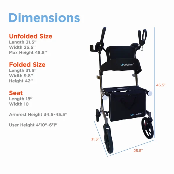 UPWalker Premium Lite V2 with larger wheels, motion-activated lights, dual storage bags, and comfort pads for improved mobility and safety.
