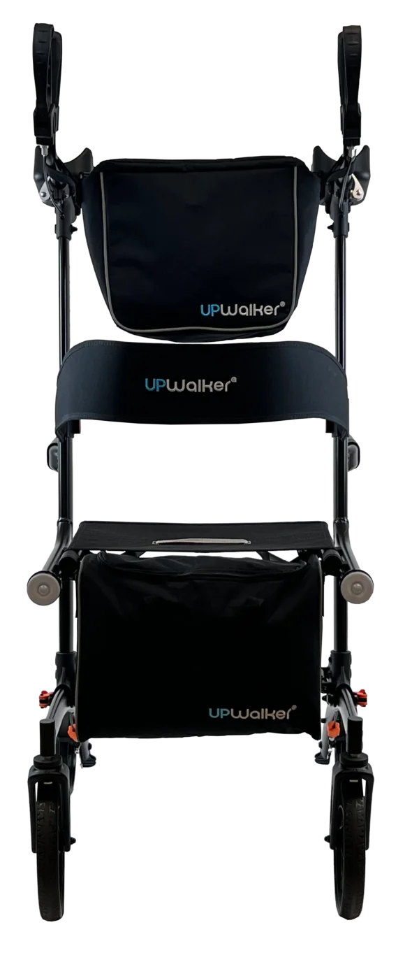 UPWalker Premium Lite V2 with larger wheels, motion-activated lights, dual storage bags, and comfort pads for improved mobility and safety.