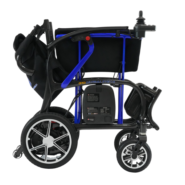 Forcemech Ultralite G10 folding power chair with carbon fiber frame, shown in a folded position. Lightweight, compact, and designed for travel and daily use.