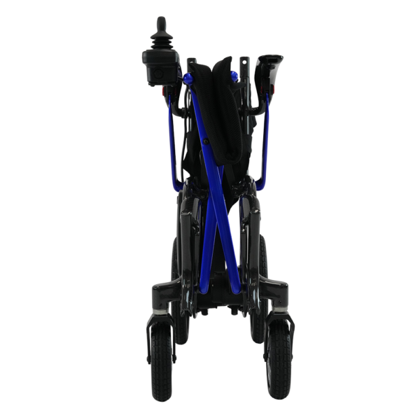 Forcemech Ultralite G10 folding power chair with carbon fiber frame, shown in a folded position. Lightweight, compact, and designed for travel and daily use.