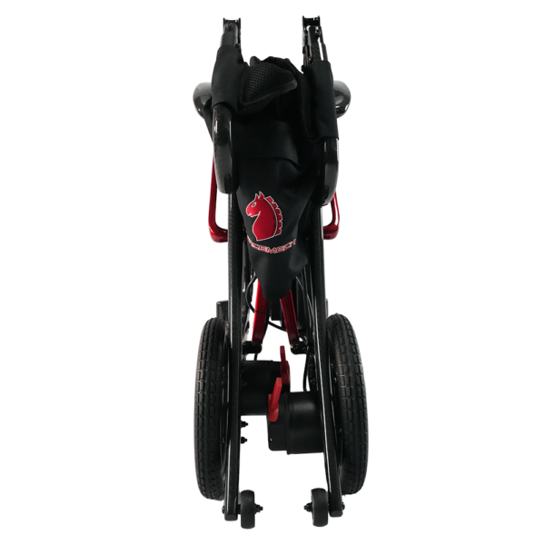 Forcemech Ultralite G10 folding power chair with carbon fiber frame, shown in a folded position. Lightweight, compact, and designed for travel and daily use.
