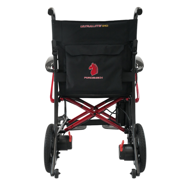 Forcemech Ultralite G10 folding power chair with carbon fiber frame, shown in a folded position. Lightweight, compact, and designed for travel and daily use.