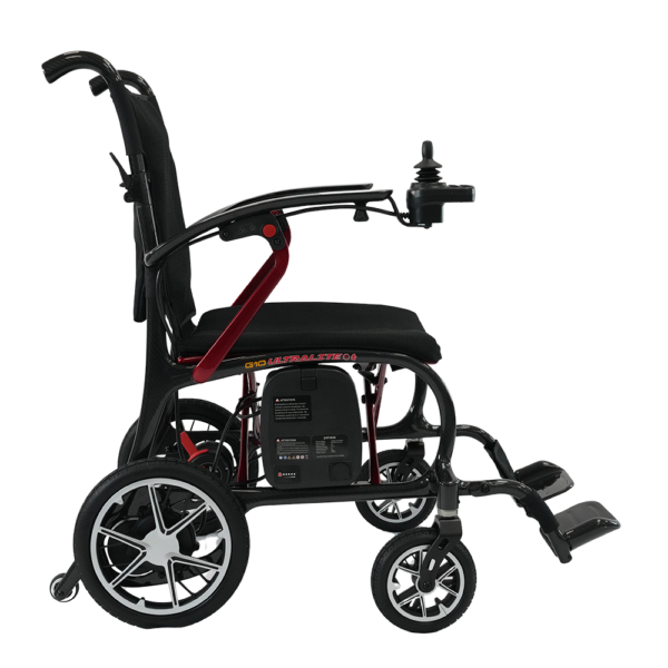 Forcemech Ultralite G10 folding power chair with carbon fiber frame, shown in a folded position. Lightweight, compact, and designed for travel and daily use.
