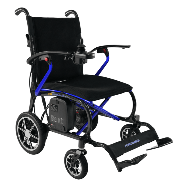 Forcemech Ultralite G10 folding power chair with carbon fiber frame, shown in a folded position. Lightweight, compact, and designed for travel and daily use.