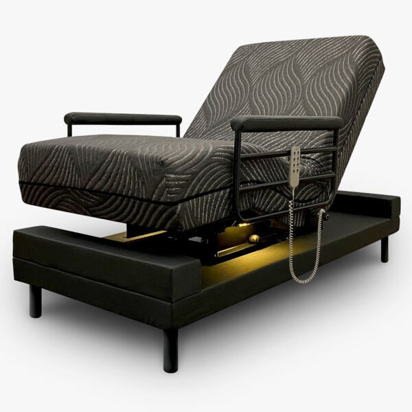 UPbed Independence motorized lift bed with memory foam mattress and 90° rotation.