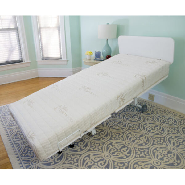 The New Valiant Hospital Bed with head and foot articulation, Trendelenburg adjustability, and optional bamboo rail covers and egress lighting.