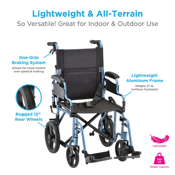 Nova 19" Lightweight Transport Chair with rugged 12” rear wheels, flip-up desk arms, and foldable design, available in blue, red, purple, and black.
