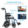Nova 19" Lightweight Transport Chair with rugged 12” rear wheels, flip-up desk arms, and foldable design, available in blue, red, purple, and black.