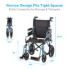 Nova 19" Lightweight Transport Chair with rugged 12” rear wheels, flip-up desk arms, and foldable design, available in blue, red, purple, and black.
