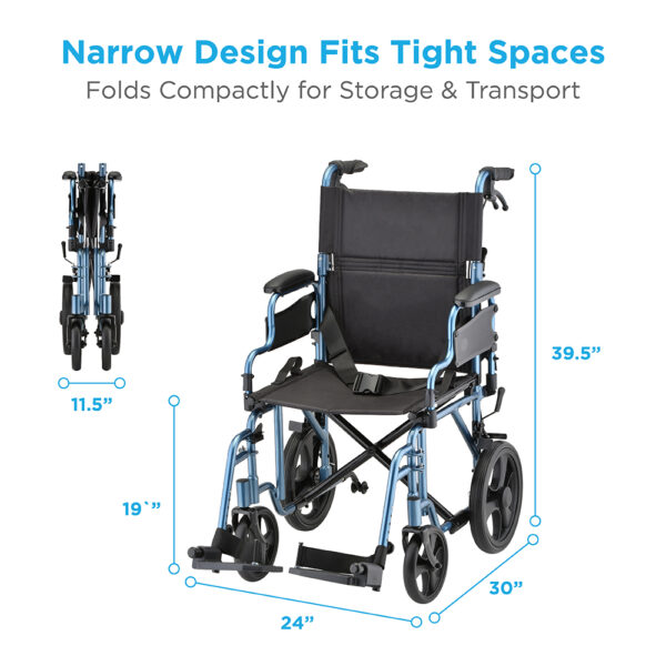 Nova 19" Lightweight Transport Chair with rugged 12” rear wheels, flip-up desk arms, and foldable design, available in blue, red, purple, and black.