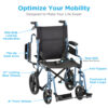 Nova 19" Lightweight Transport Chair with rugged 12” rear wheels, flip-up desk arms, and foldable design, available in blue, red, purple, and black.