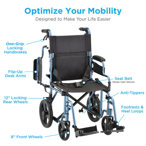 Nova 19" Lightweight Transport Chair with rugged 12” rear wheels, flip-up desk arms, and foldable design, available in blue, red, purple, and black.