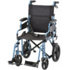 Nova 19" Lightweight Transport Chair with rugged 12” rear wheels, flip-up desk arms, and foldable design, available in blue, red, purple, and black.