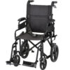 Nova 19" Lightweight Transport Chair with rugged 12” rear wheels, flip-up desk arms, and foldable design, available in blue, red, purple, and black.