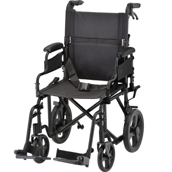 Nova 19" Lightweight Transport Chair with rugged 12” rear wheels, flip-up desk arms, and foldable design, available in blue, red, purple, and black.