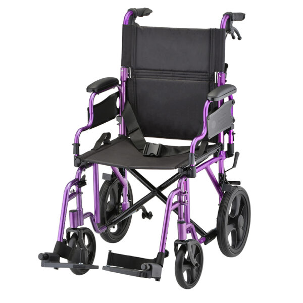 Nova 19" Lightweight Transport Chair with rugged 12” rear wheels, flip-up desk arms, and foldable design, available in blue, red, purple, and black.
