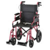 Nova 19" Lightweight Transport Chair with rugged 12” rear wheels, flip-up desk arms, and foldable design, available in blue, red, purple, and black.
