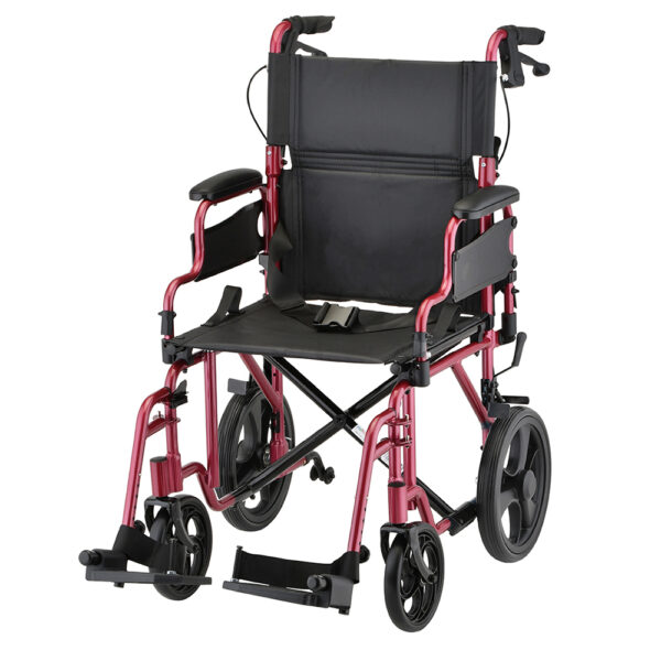 Nova 19" Lightweight Transport Chair with rugged 12” rear wheels, flip-up desk arms, and foldable design, available in blue, red, purple, and black.