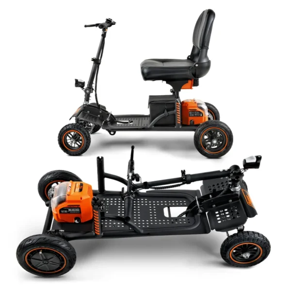Explorer Mobility Scooter in black and orange, sturdy frame, pneumatic tires, ergonomic handlebars, and control panel for easy operation.
