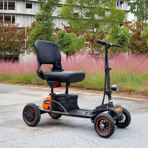 Explorer Mobility Scooter in black and orange, sturdy frame, pneumatic tires, ergonomic handlebars, and control panel for easy operation.