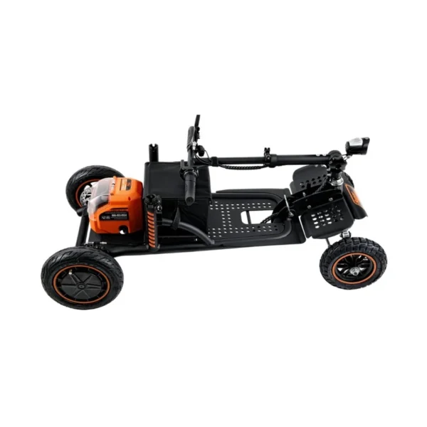 Explorer Mobility Scooter in black and orange, sturdy frame, pneumatic tires, ergonomic handlebars, and control panel for easy operation.