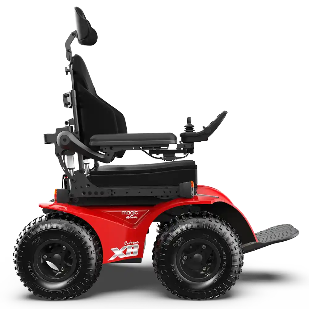 Extreme X8 Power Wheelchair navigating rugged outdoor terrain with knobby tires and a sturdy design, built for sand, snow, and off-road adventures.
