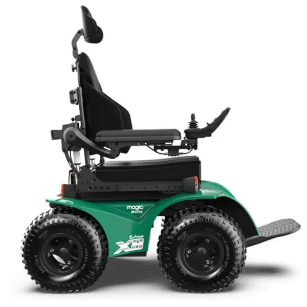Extreme X8 Power Wheelchair navigating rugged outdoor terrain with knobby tires and a sturdy design, built for sand, snow, and off-road adventures.