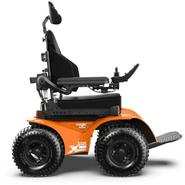 Extreme X8 Power Wheelchair navigating rugged outdoor terrain with knobby tires and a sturdy design, built for sand, snow, and off-road adventures.