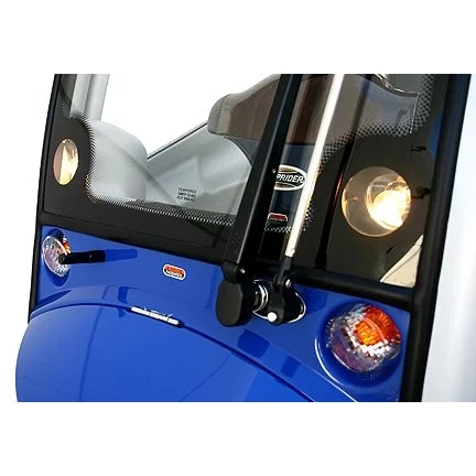 Shoprider Flagship mobility scooter with enclosed canopy, key-locking doors, full suspension, and wiper system for all-weather luxury transportation.