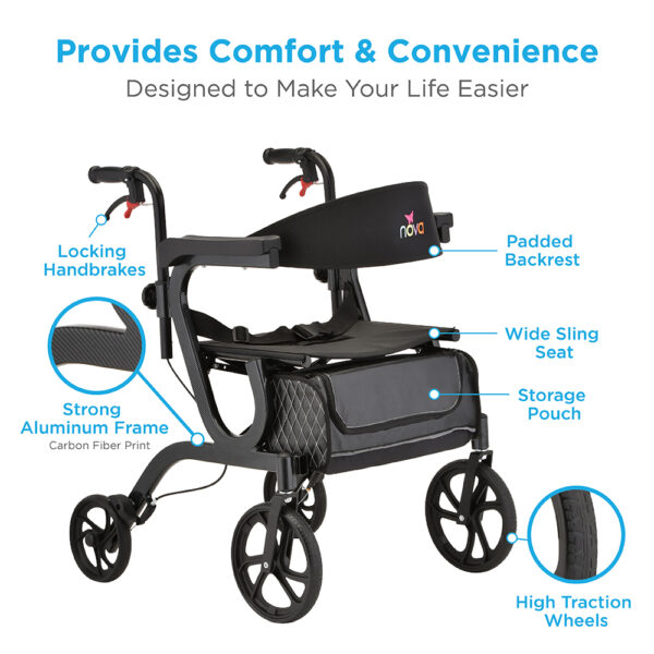 Nova Gemini 2-in-1 rollator and transport chair in hybrid mode, featuring large wheels, padded seat, backrest, and compact folding design for portability.
