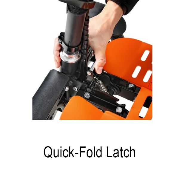 Passport Pro Mobility Scooter in Black & Orange, sturdy frame, solid tires, foldable design, and compact storage.