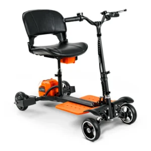 Passport Pro Mobility Scooter in Black & Orange, sturdy frame, solid tires, foldable design, and compact storage.