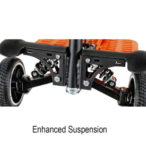 Passport Pro Mobility Scooter in Black & Orange, sturdy frame, solid tires, foldable design, and compact storage.