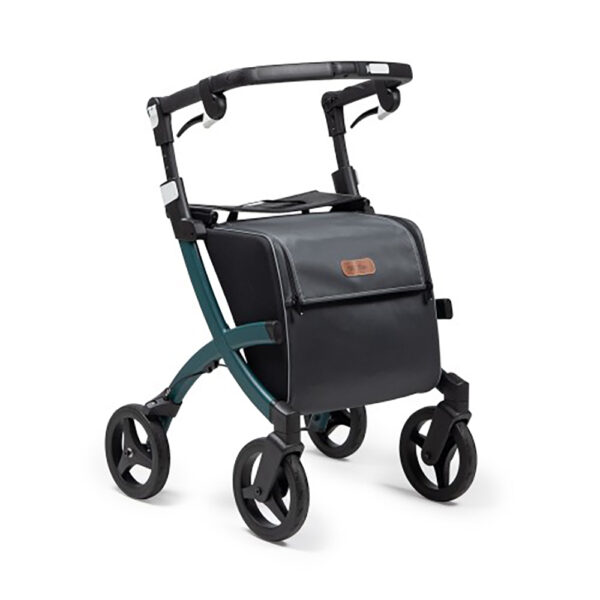 The Rollz Flex 2, a lightweight and stylish rollator walker with a seat, featuring soft tires, a large shopping bag, and a modern design for everyday use.