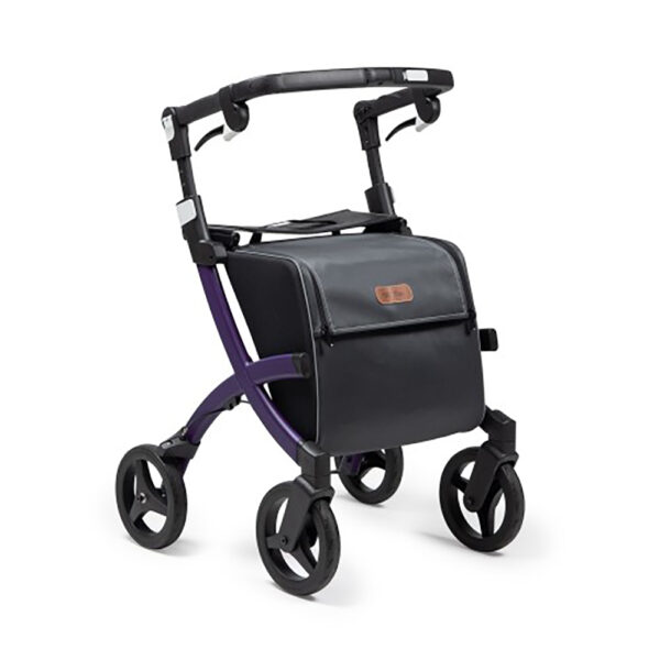 The Rollz Flex 2, a lightweight and stylish rollator walker with a seat, featuring soft tires, a large shopping bag, and a modern design for everyday use.