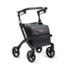 Rollz Flex _ black The Rollz Flex 2, a lightweight and stylish rollator walker with a seat, featuring soft tires, a large shopping bag, and a modern design for everyday use.