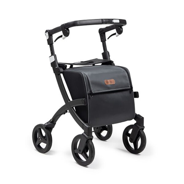 The Rollz Flex 2, a lightweight and stylish rollator walker with a seat, featuring soft tires, a large shopping bag, and a modern design for everyday use.