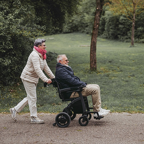 Rollz Motion Electric, a sleek 3-in-1 rollator, transport chair, and electric wheelchair, lightweight and foldable for ease of use and independence.