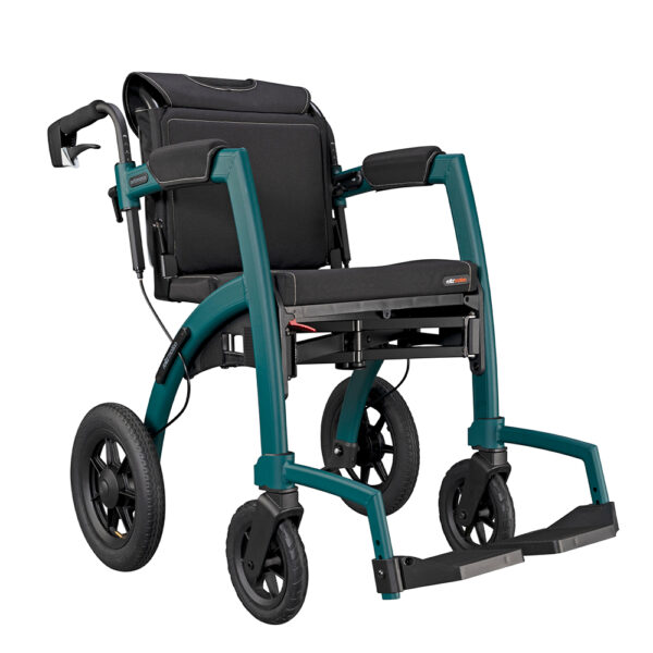 Rollz Motion Performance, an all-terrain rollator and wheelchair combo with air-filled tires, wedge-shaped seat, and reflective accents for outdoor adventures.