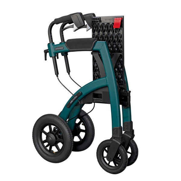 Rollz Motion Performance, an all-terrain rollator and wheelchair combo with air-filled tires, wedge-shaped seat, and reflective accents for outdoor adventures.