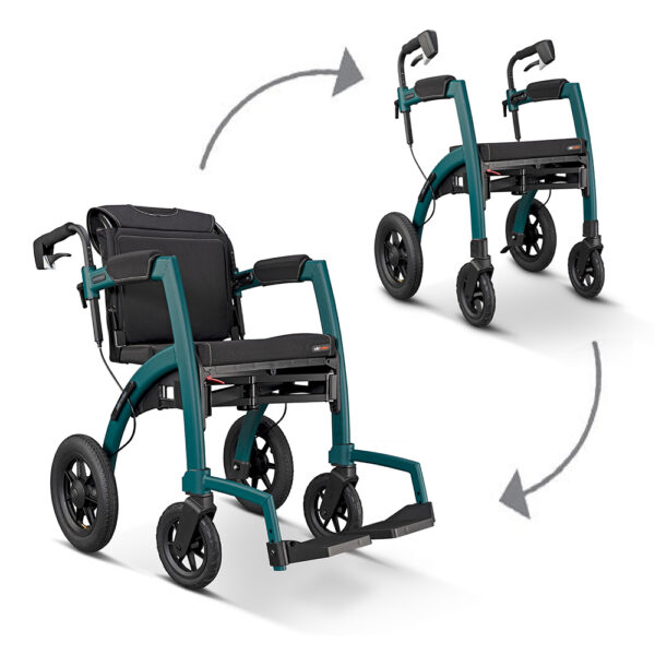 Rollz Motion Performance, an all-terrain rollator and wheelchair combo with air-filled tires, wedge-shaped seat, and reflective accents for outdoor adventures.