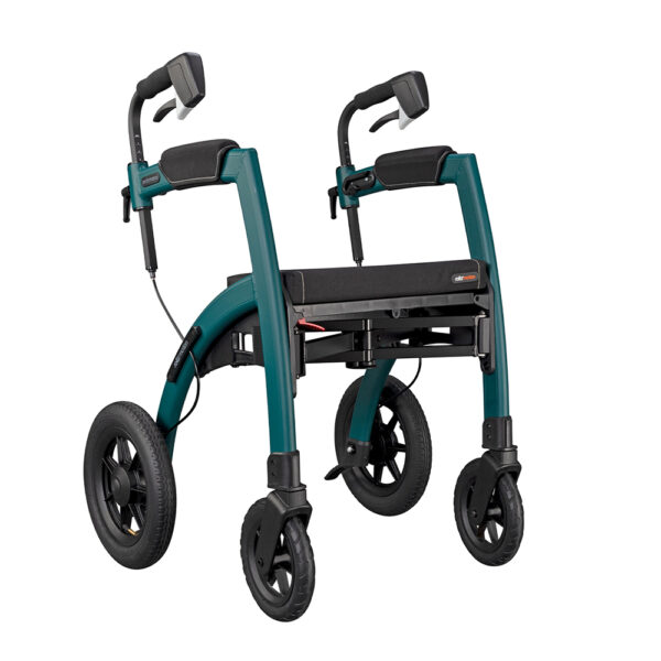 Rollz Motion Performance, an all-terrain rollator and wheelchair combo with air-filled tires, wedge-shaped seat, and reflective accents for outdoor adventures.