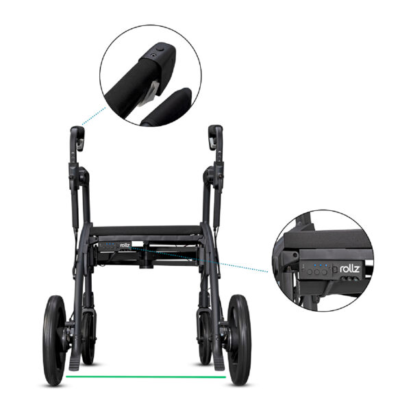 Rollz Motion Rhythm rollator walker with laser line, metronome, and vibration cues, designed for Parkinson’s patients to improve walking rhythm and overcome freezing of gait.