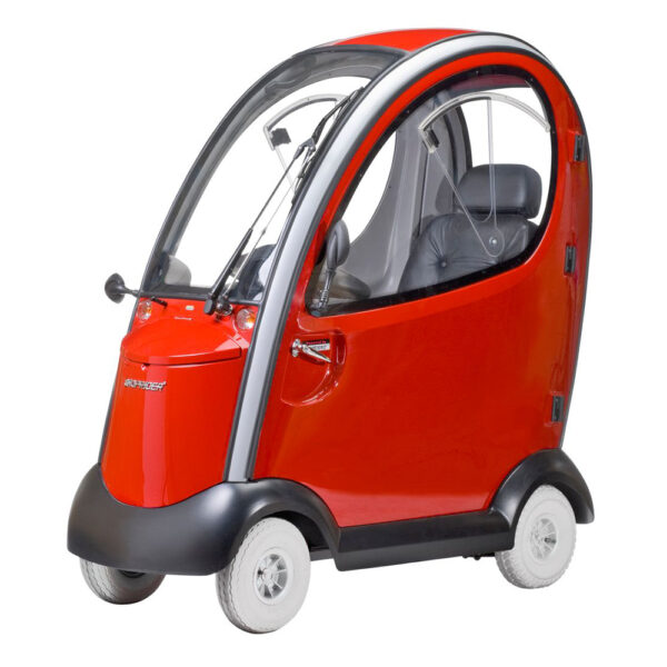Shoprider Flagship mobility scooter with enclosed canopy, key-locking doors, full suspension, and wiper system for all-weather luxury transportation.