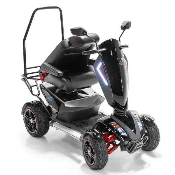 Vita Monster all-terrain mobility scooter in midnight black, featuring 15” rear tires, 900-watt motor, LED lights, and sporty captain's seat for outdoor performance.