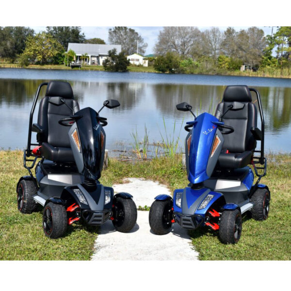 Vita Monster all-terrain mobility scooter in midnight black, featuring 15” rear tires, 900-watt motor, LED lights, and sporty captain's seat for outdoor performance.