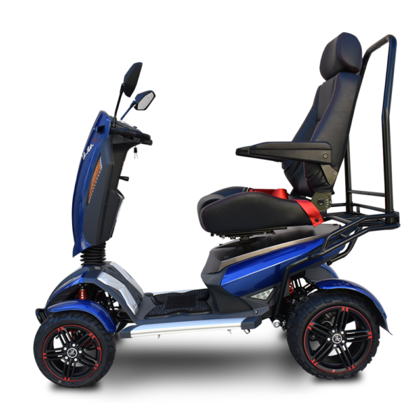 Vita Monster all-terrain mobility scooter in midnight black, featuring 15” rear tires, 900-watt motor, LED lights, and sporty captain's seat for outdoor performance.