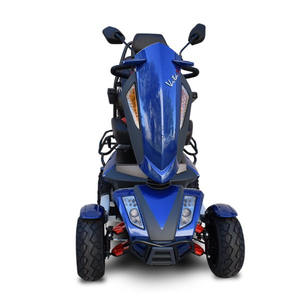 Vita Monster all-terrain mobility scooter in midnight black, featuring 15” rear tires, 900-watt motor, LED lights, and sporty captain's seat for outdoor performance.