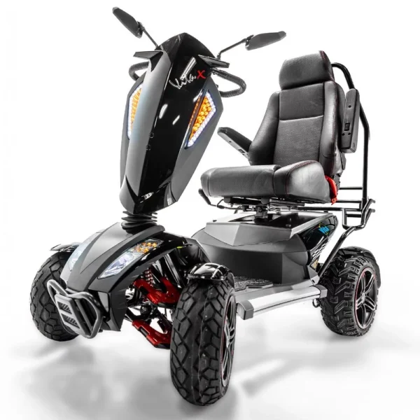 Vita Monster all-terrain mobility scooter in midnight black, featuring 15” rear tires, 900-watt motor, LED lights, and sporty captain's seat for outdoor performance.